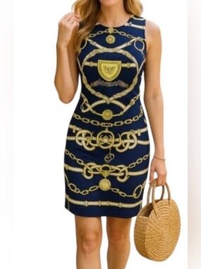 J. McLaughlin sleeveless Catalina Cloth sheath dress in a navy/gold print